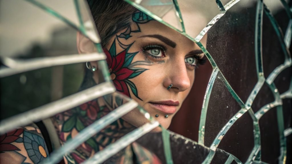 A captivating image of a person with striking tattoos their face partially obscured by shimmering shards of glass that reflect various colors and patterns adding depth and intrigue.