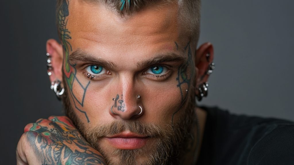 A man with blue eyes and tattoos on his face