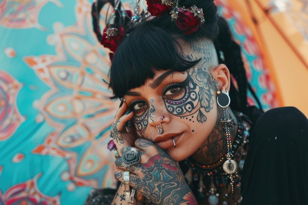 The woman has a tattooed face and a pierced nose
