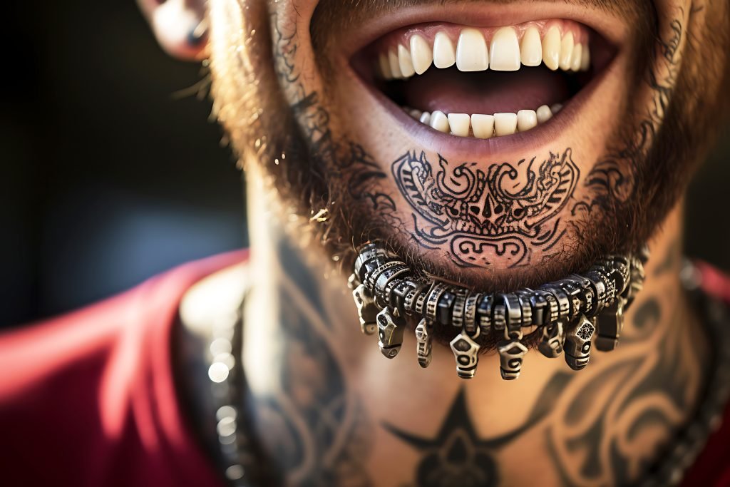 Healthy teeth and a beautiful wide smile of a young man with tattoos on his face