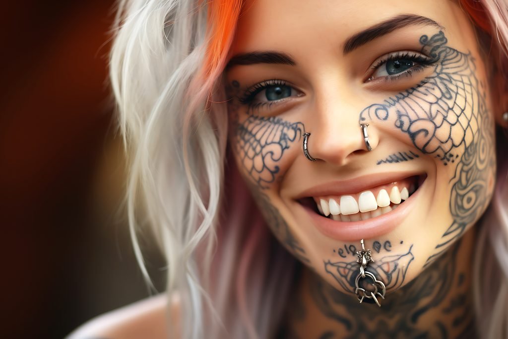 Healthy teeth and a beautiful wide smile of a young blonde woman with tattoos on her face and body