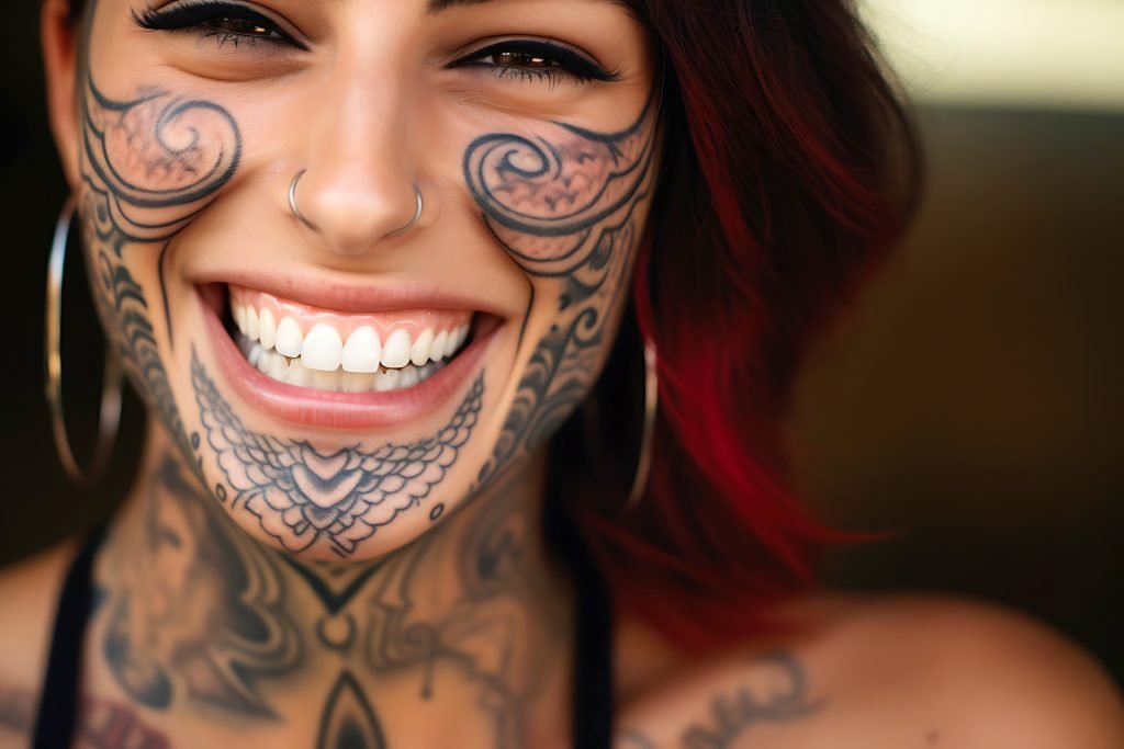 Healthy teeth and beautiful wide smile of a young woman with tattoos on her face and body
