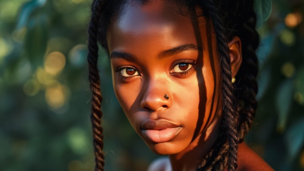 Close up portrait of a young black woman with braids looking away